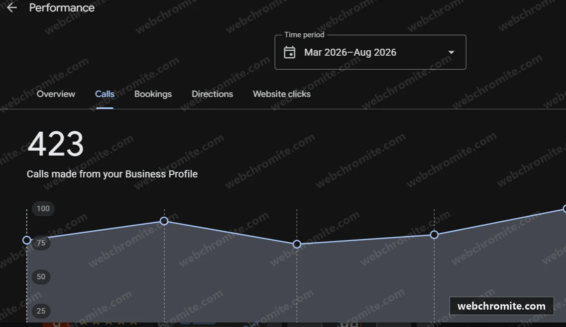 Google Business Profile report showing 423 calls made from the business profile